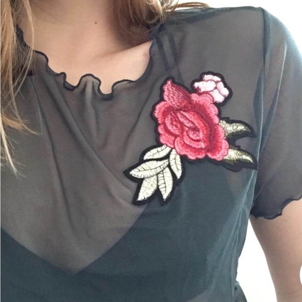 URBAN Romantics Forest Green Mesh Top with Rose Applique - Small
